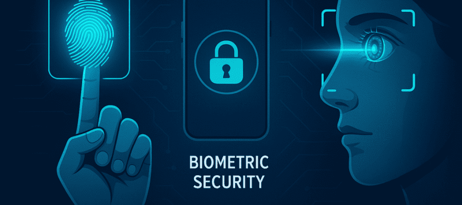 Ilustración de un sistema de seguridad biométrico con tres elementos: una huella digital escaneada, un teléfono inteligente con candado y un escaneo de iris en una cara de perfil, sobre un fondo tecnológico azul.