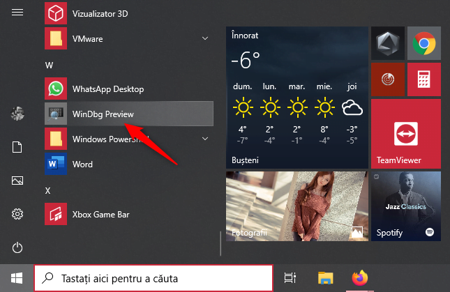 Enlace de vista previa de WinDbg desde el menú Inicio