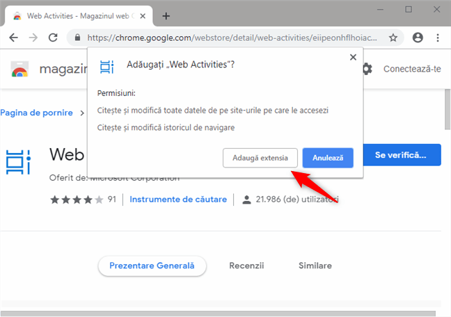 Instalación de la extensión Actividad web para Google Chrome