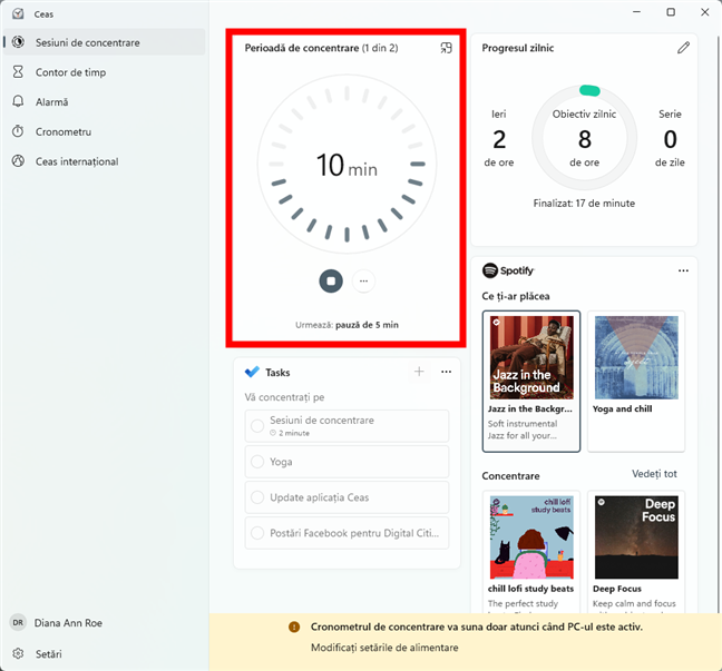 Iniciar una sesión de Focus en la aplicación Reloj de Windows